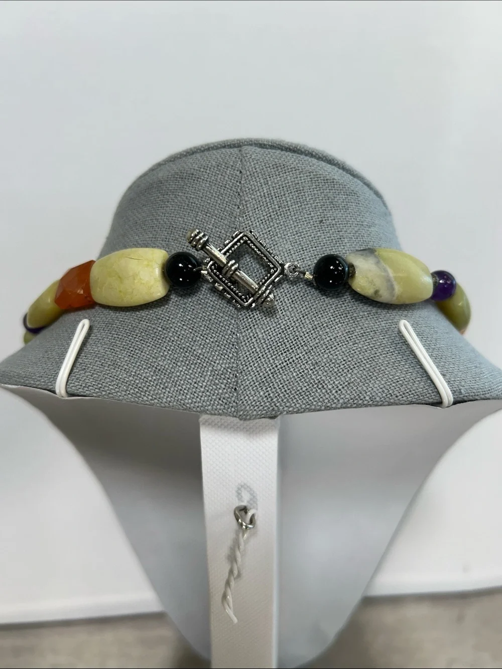 Handcrafted Serpentine, Amethyst and Carnelian Necklace - Green, Orange & Purple